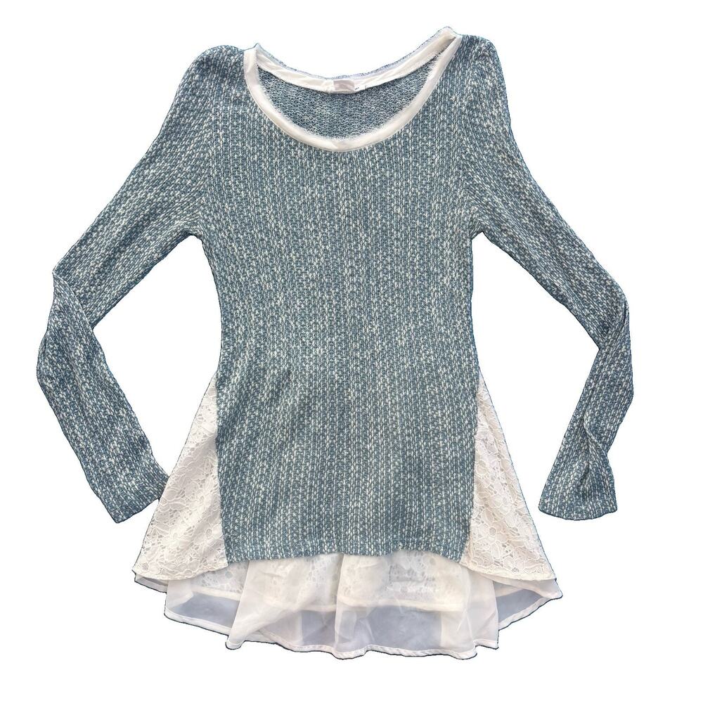 Clu + Willoughby Sweater Top Womens Small Blue White Ruffle Hem Tie Back Layered
